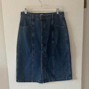 Dark Blue Denim Button-Front Midi Skirt